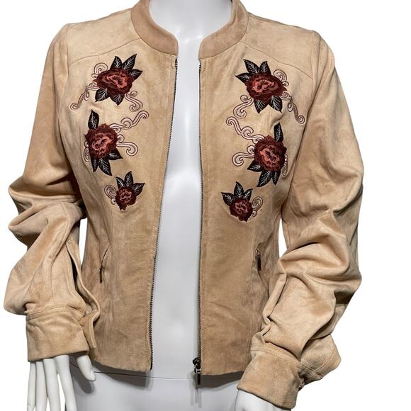 Shyanne Women's Floral Embroidered Faux Suede in Tan Jacket Size XS NEW - Picture 2 of 11